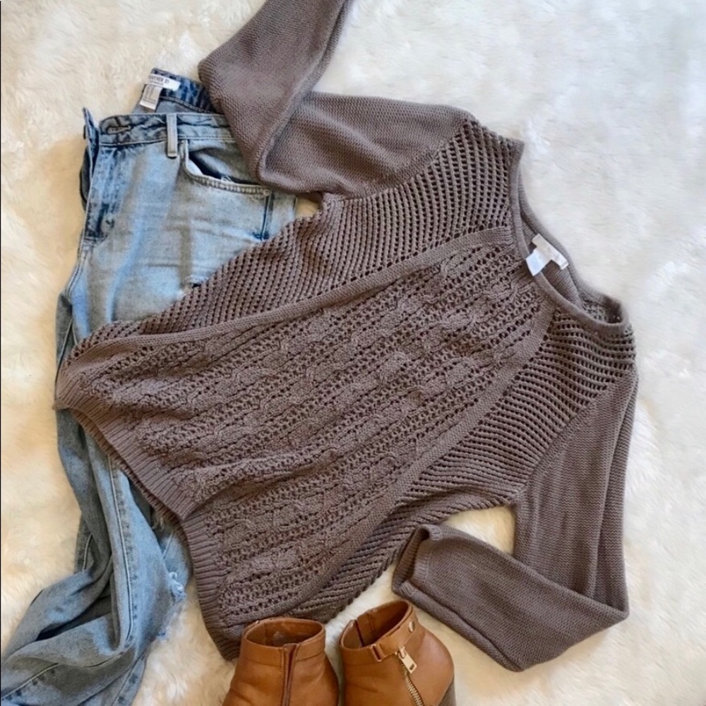 Design History Open Knit Crocheted Brown Sweater